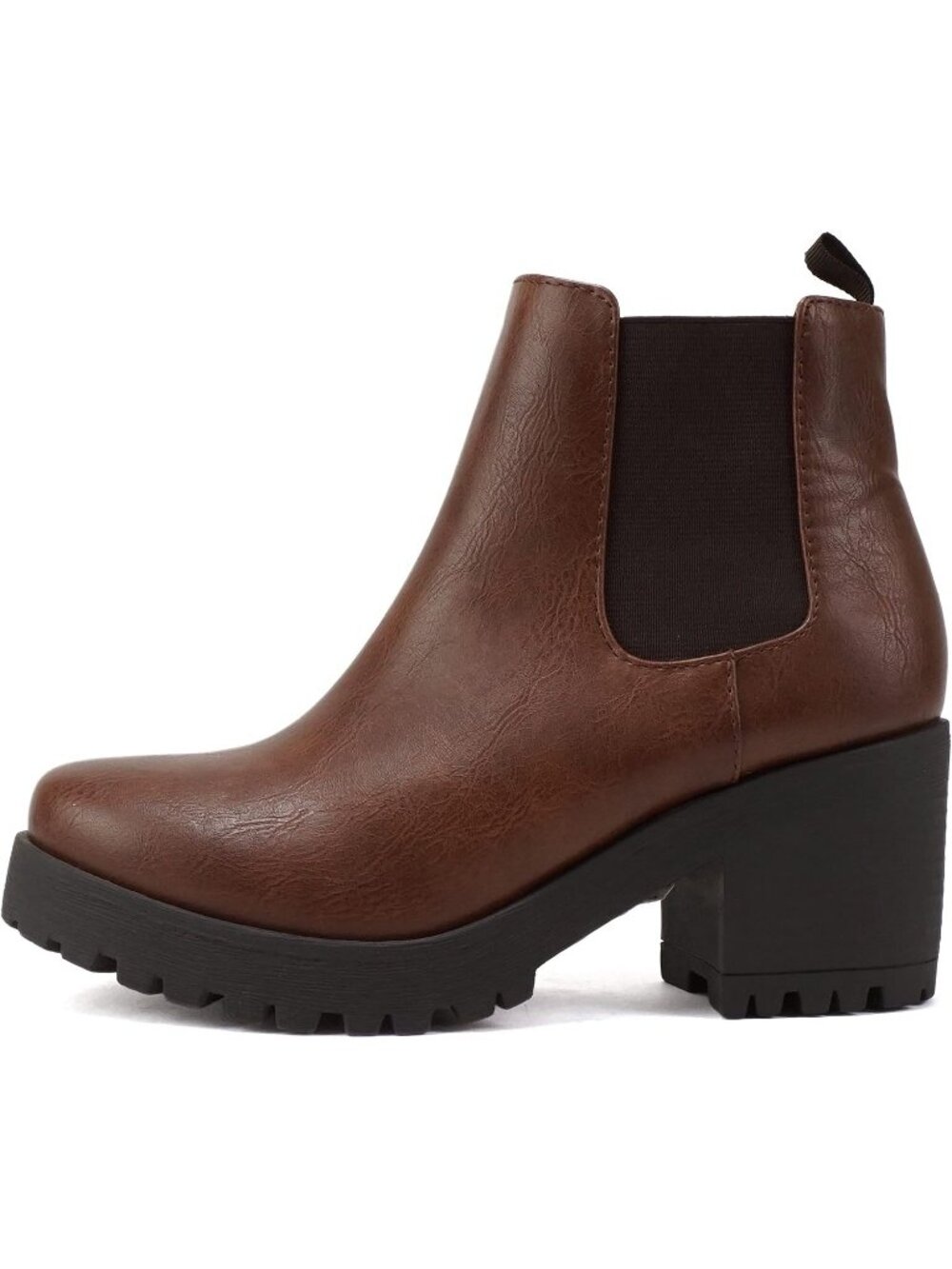Women's Brown Patent Pull On Chunky Heel Closed Toe Ankle Booties Shoes